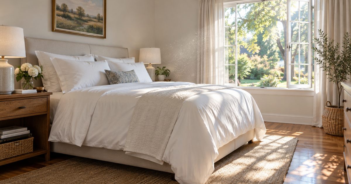 Sunlit bedroom with freshly made white bedding and dust motes in the light