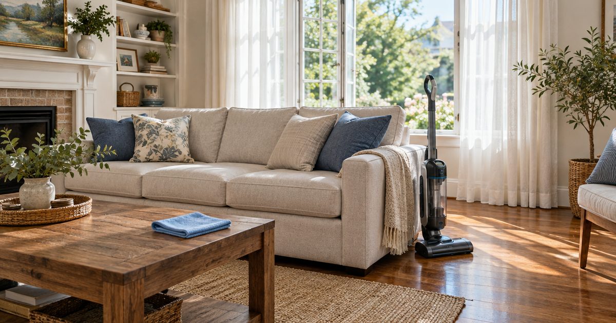 Airy living room with a clean sofa, folded cloth and open window