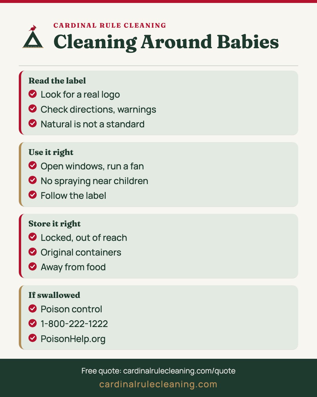Cleaning around babies infographic covering labels, use, storage and poison control