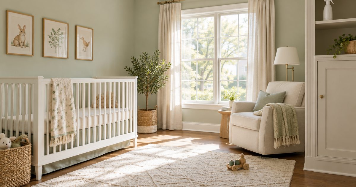 Quiet nursery with a white crib and a plain bottle stored on a high shelf