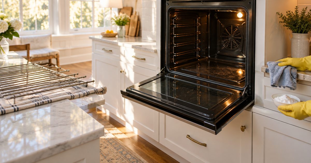 Open clean oven with racks on a towel and a bowl of baking soda nearby