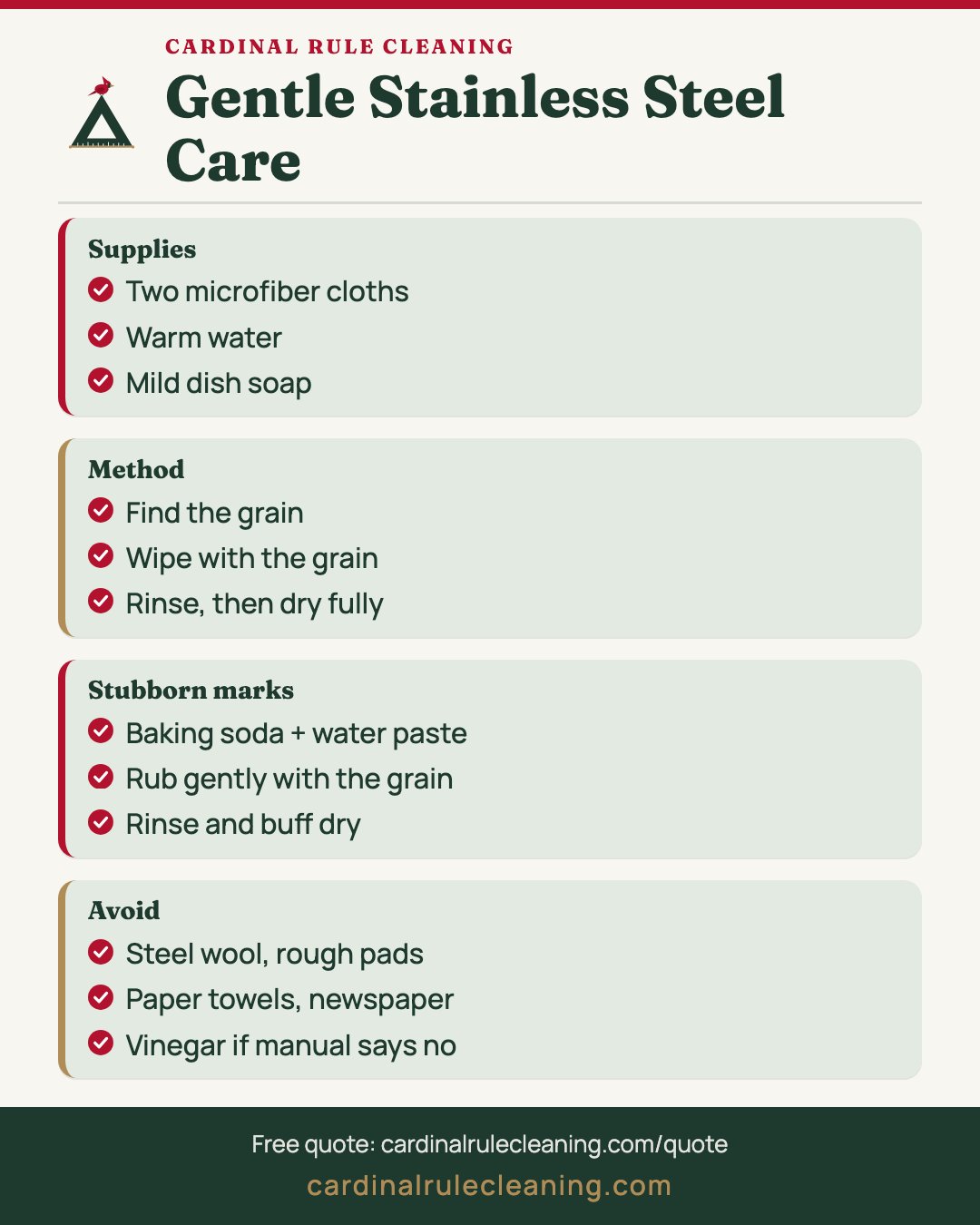 Stainless steel cleaning infographic: supplies, method, stubborn marks and what to avoid