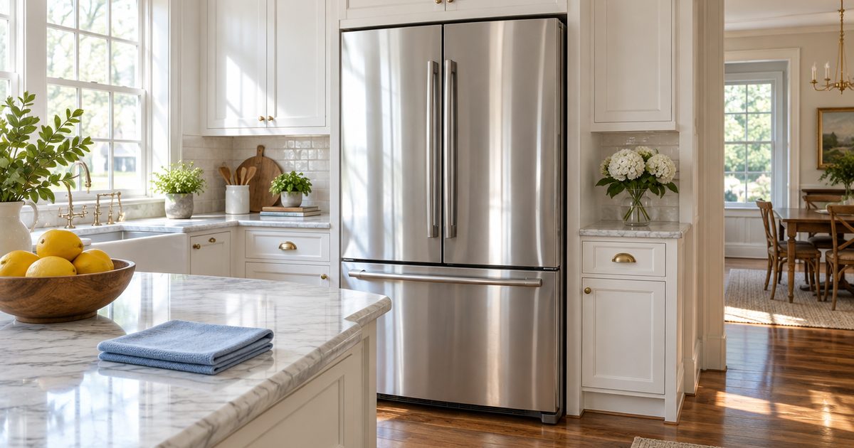 Streak-free stainless steel refrigerator with a folded cloth and lemons