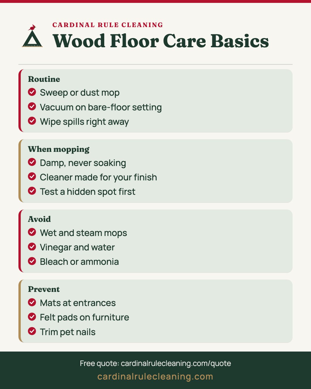 Wood floor care infographic: dry first, damp second, what to avoid and prevention