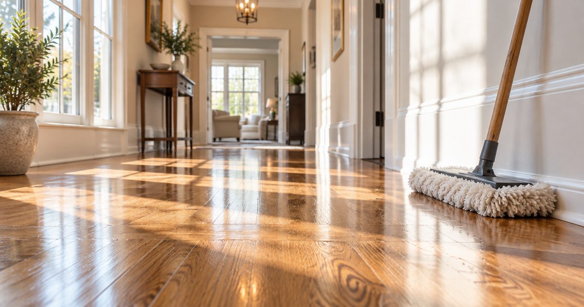 Polished hardwood floor in a sunlit hallway with a soft dust mop