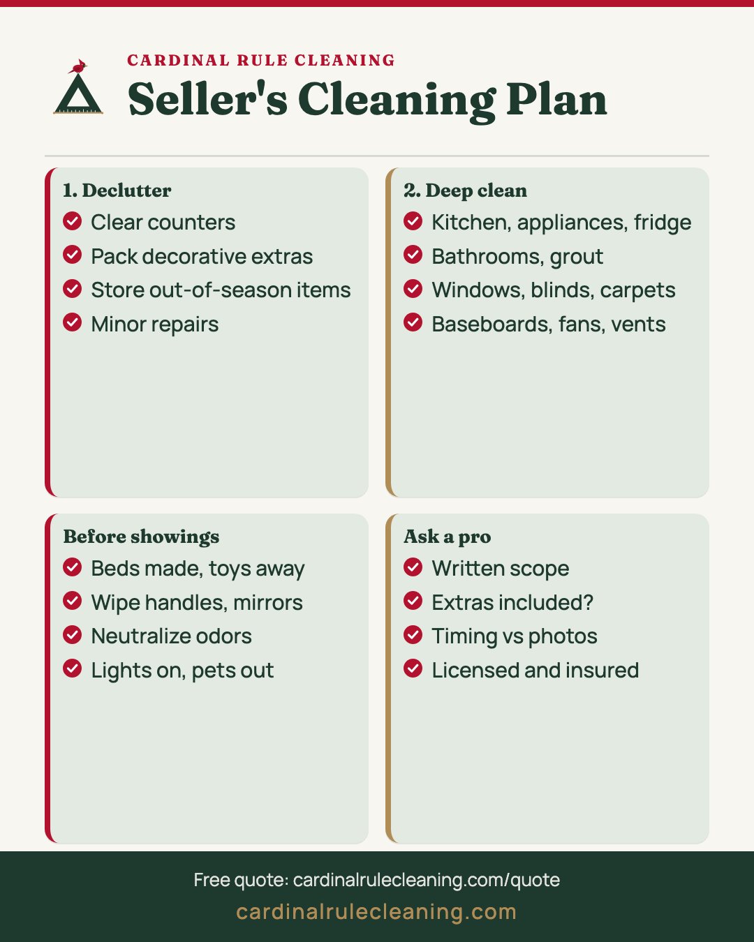Seller's cleaning plan infographic covering declutter, deep clean, showing day and final check