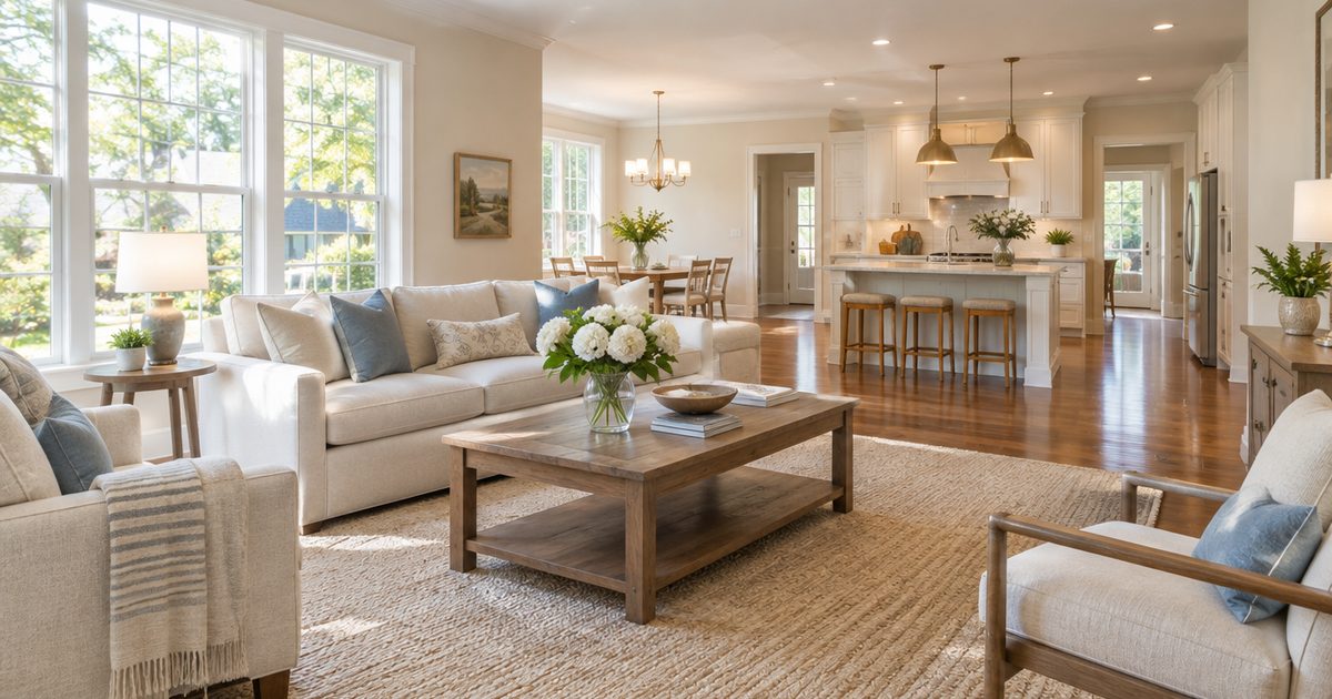 Spotless staged living room with fresh flowers and bright windows