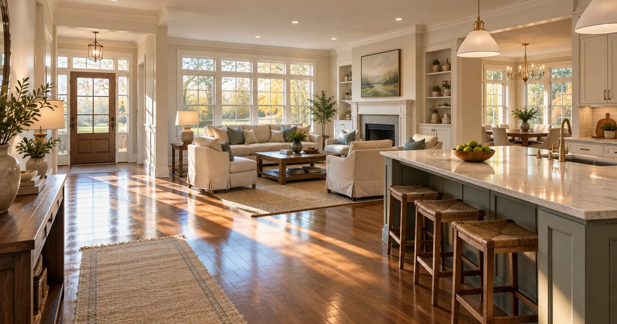 Open-house-ready entry and living area with polished floors and plumped pillows