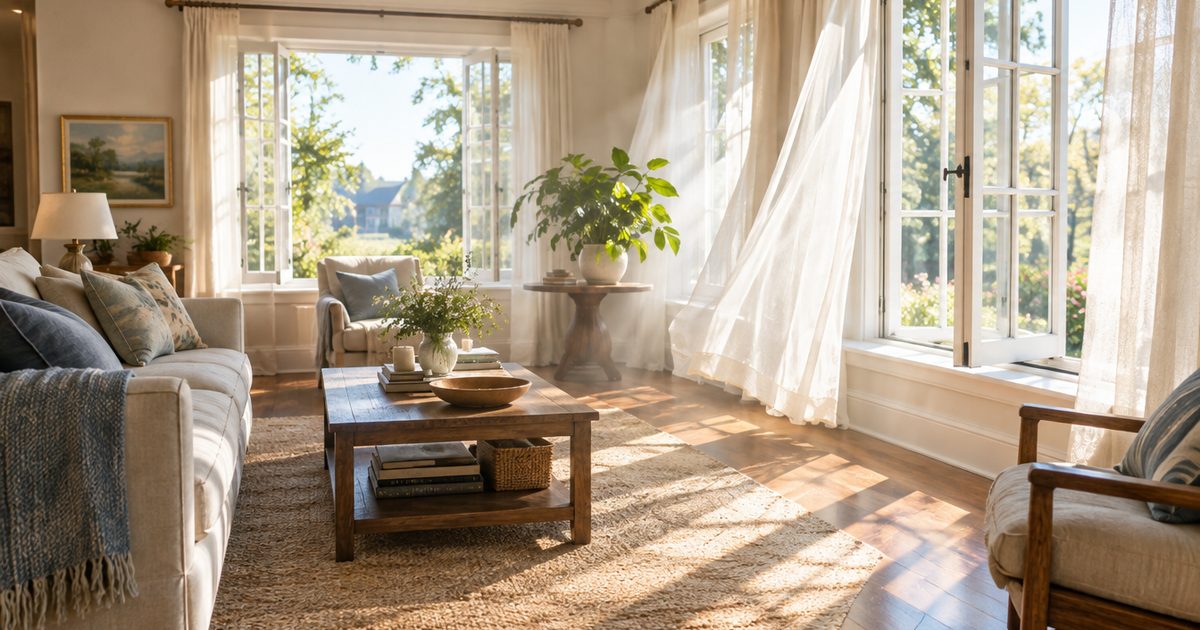 Living room with open windows, billowing curtains and a leafy plant