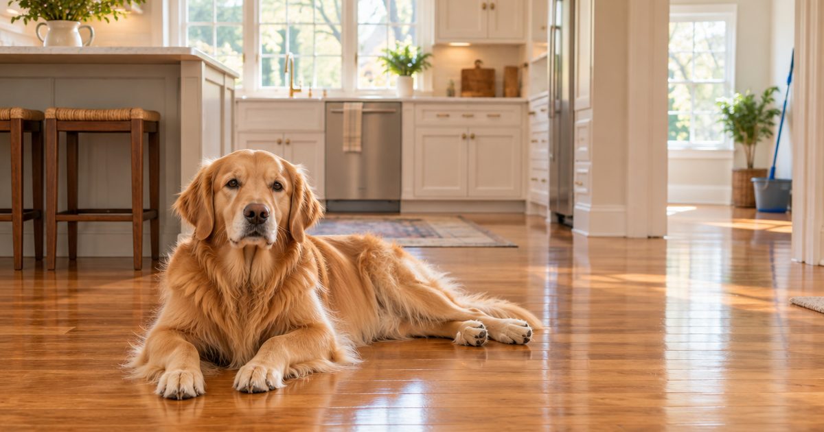 Dog resting on a clean dry kitchen floor in warm light