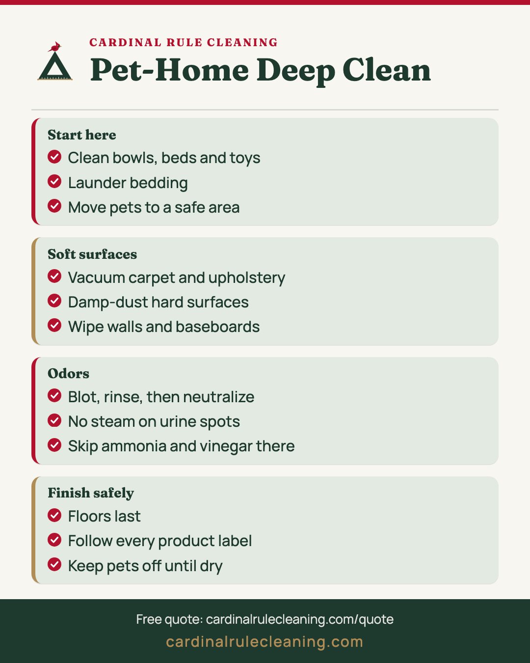 Pet deep cleaning checklist infographic: pet items, soft surfaces, floors and odor spots
