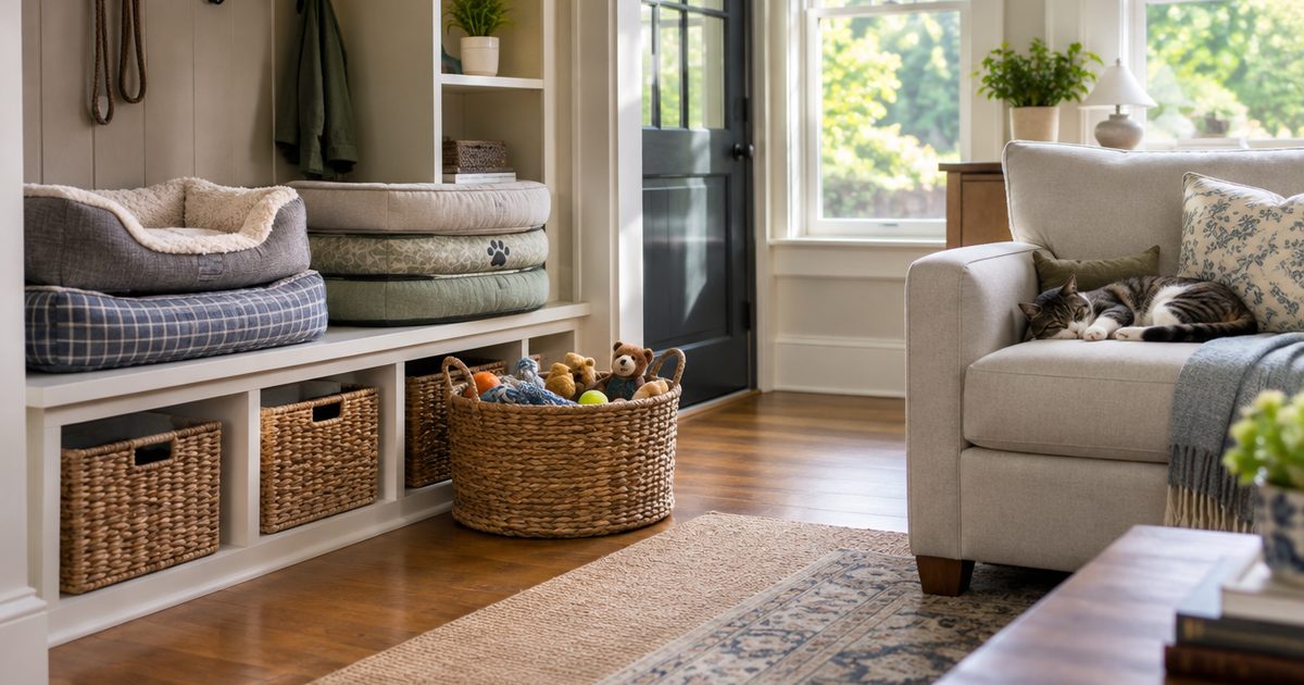 Clean pet beds and toys in a mudroom with a cat on a tidy sofa