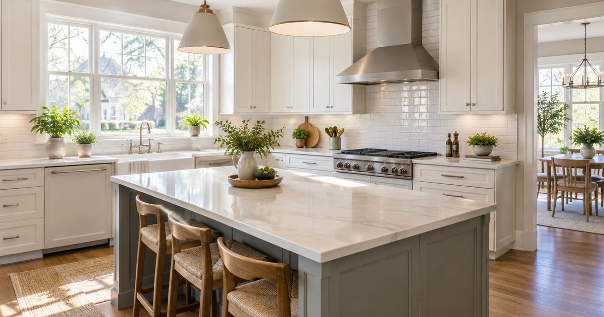 Bright family kitchen with clean tile backsplash and spotless counters