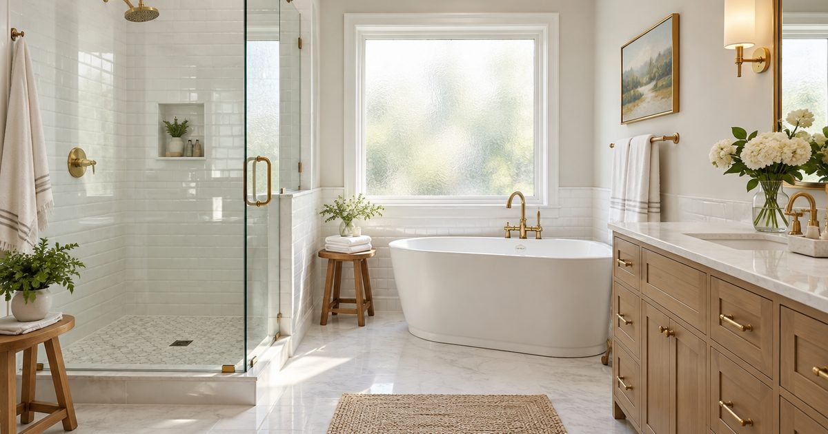 Elegant bathroom with spotless white tile, glass shower and folded towels