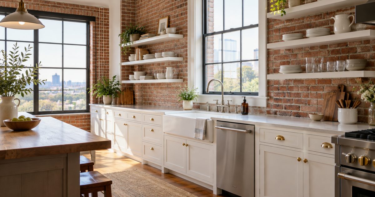 Renovated kitchen with a clean farmhouse sink and open shelving