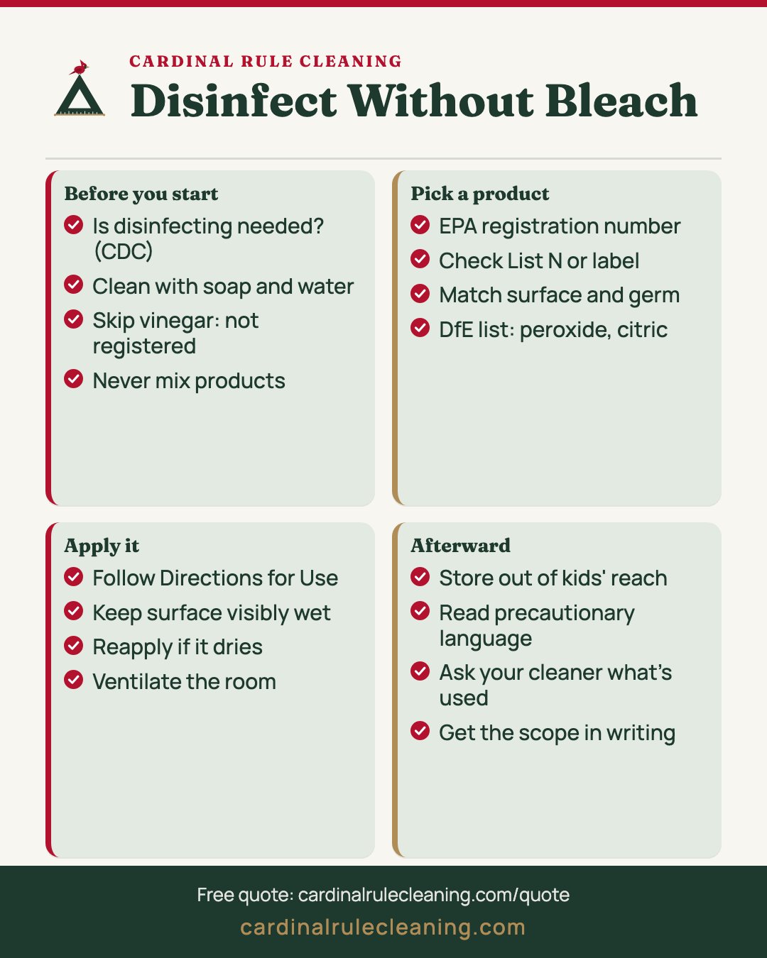 How to disinfect without bleach infographic with steps based on EPA label guidance