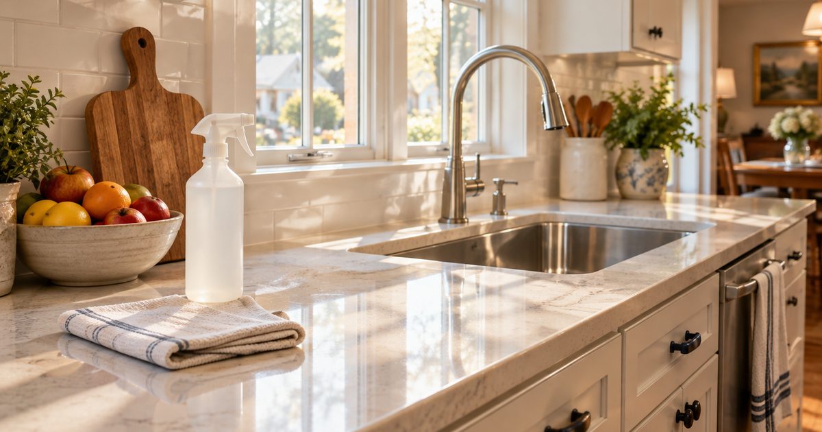Wiped kitchen counter with a cloth, plain spray bottle and bowl of fruit