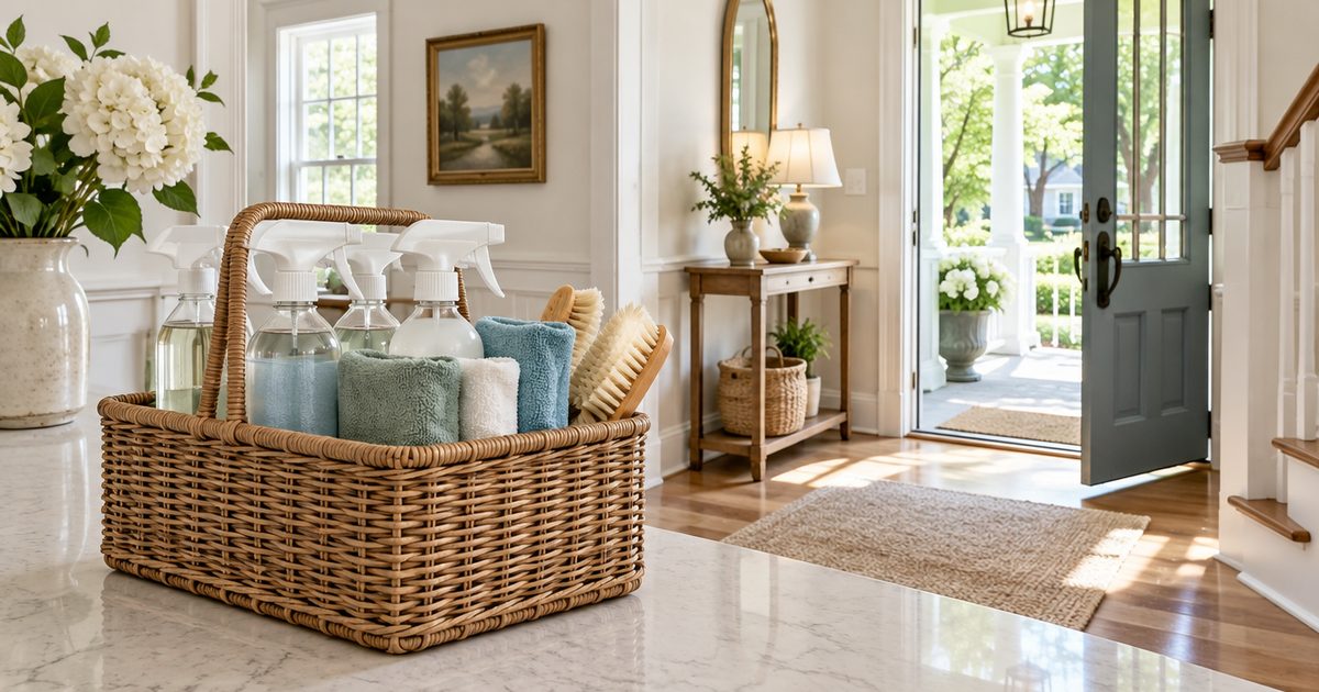 Caddy of plain bottles and cloths on a counter near a bright entryway