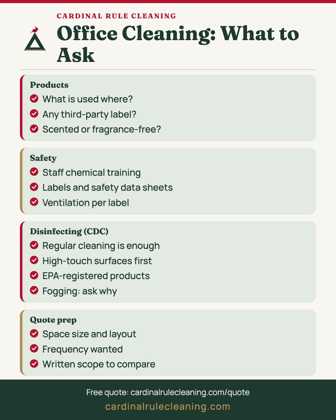 Eco-friendly office cleaning checklist: products, labels, training, high-touch surfaces and quotes