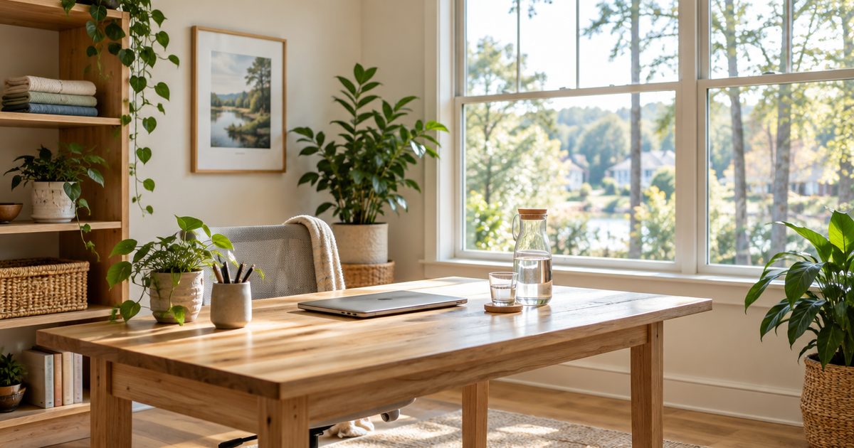 Light-filled small office with plants and a clean wood desk