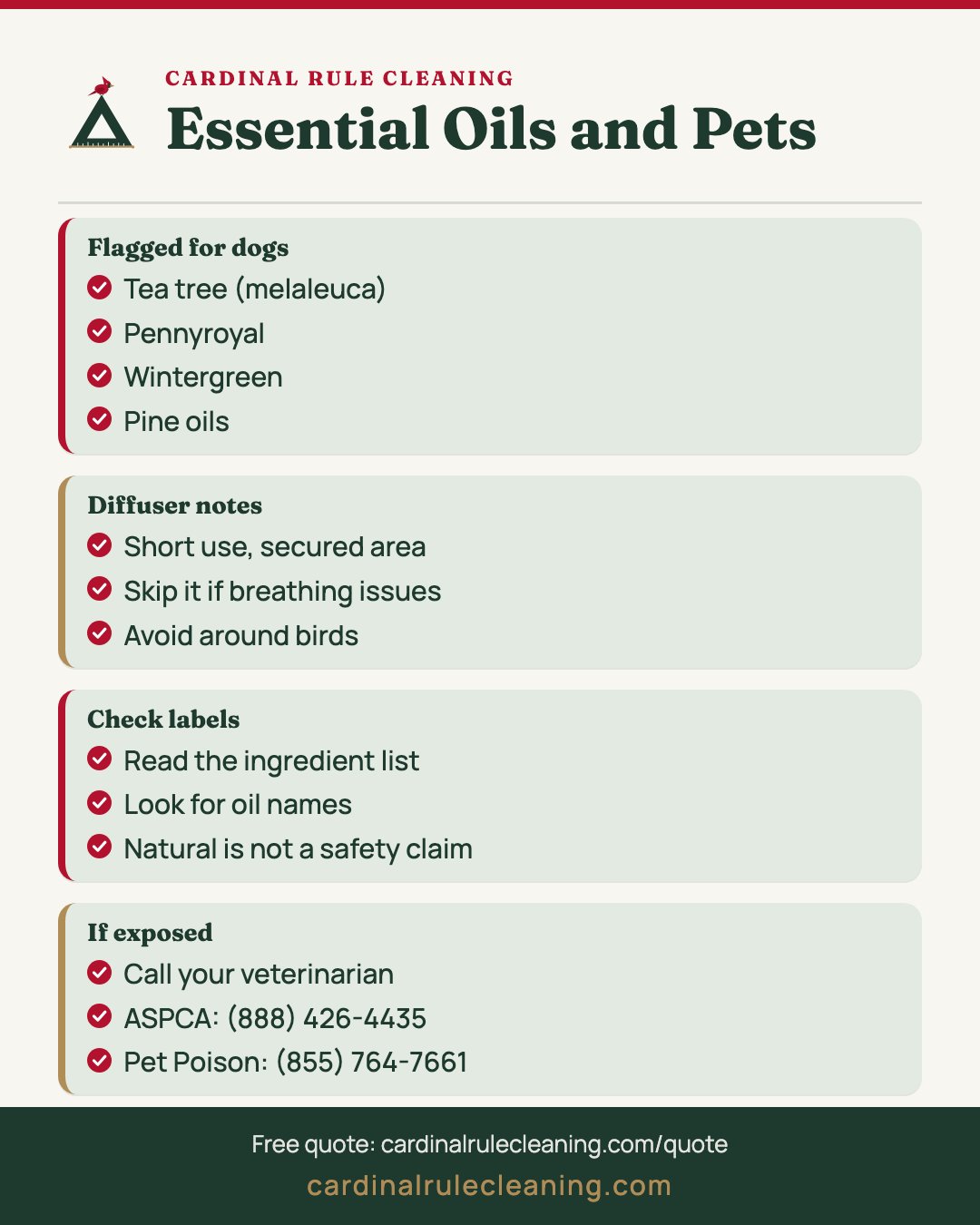Essential oils and pets infographic covering oils flagged, diffuser notes, label checks and who to call