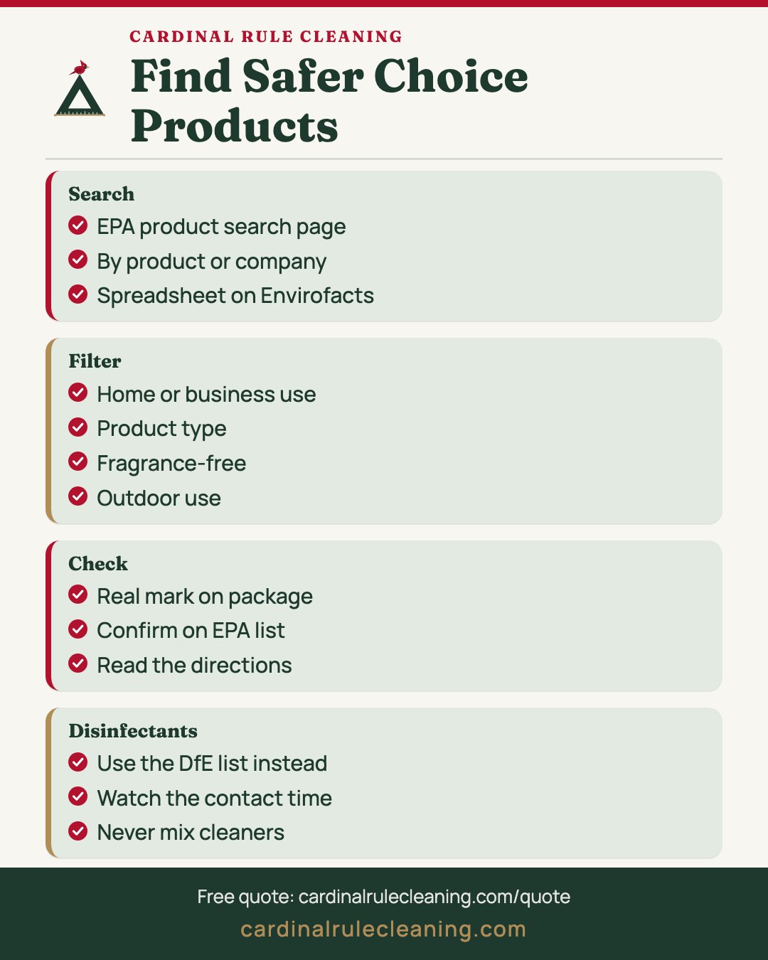 Steps to find Safer Choice products infographic: search, filter, check the label, disinfectants