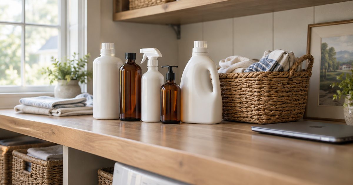 Tidy shelf of plain unlabeled bottles with a basket of cloths