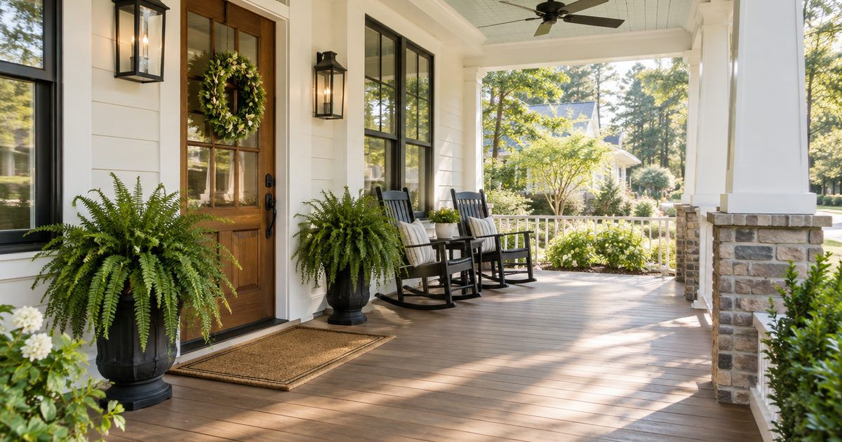 Welcoming front porch with rocking chairs and potted ferns