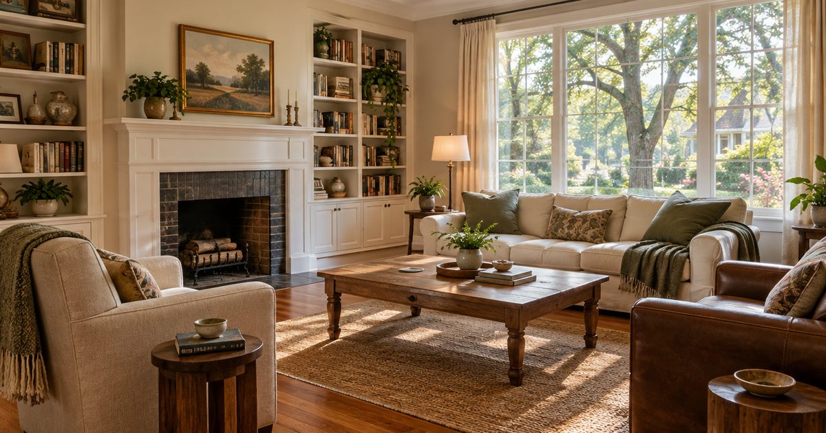 Cozy bungalow living room with bookshelves and a window onto oak trees
