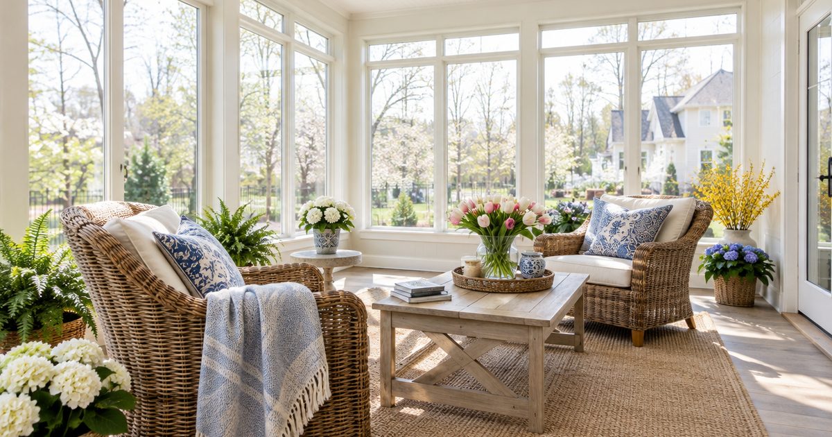Bright sunroom with fresh flowers, clean windows and wicker chairs