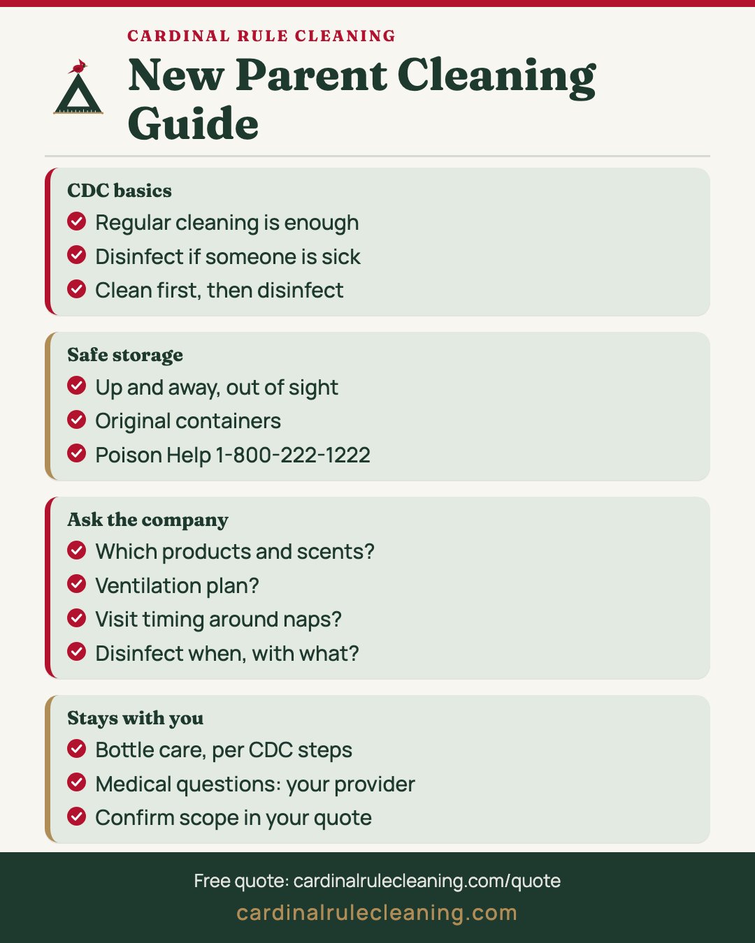 New parent cleaning guide: CDC basics, safe storage, questions to ask a cleaning company