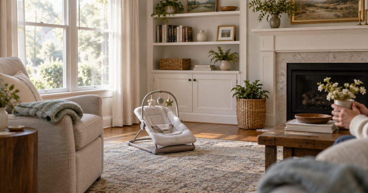 Calm living room with an armchair, baby blanket and soft rug