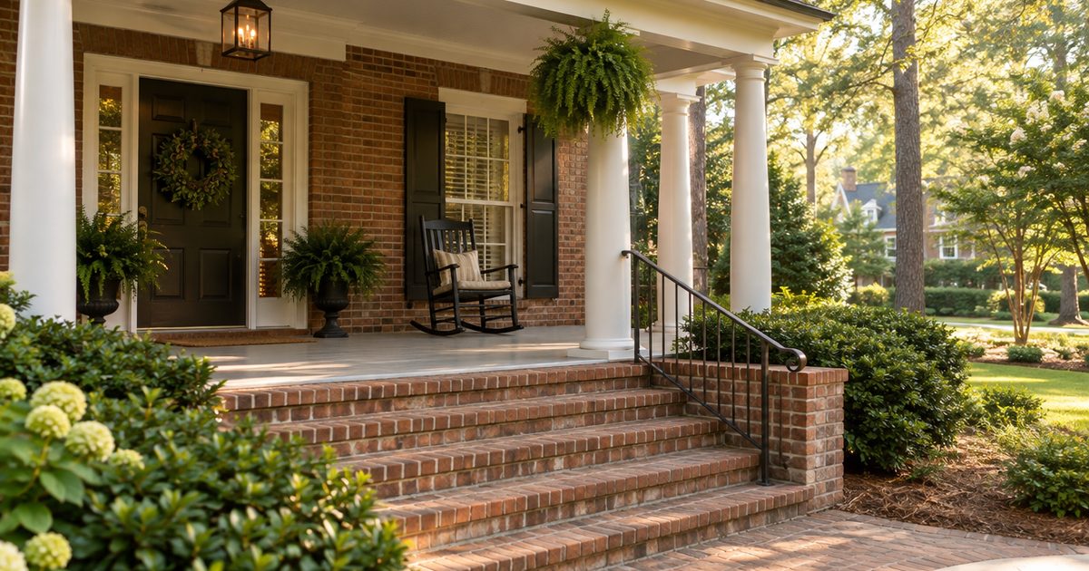 Southern brick-front porch with a hanging fern and rocker