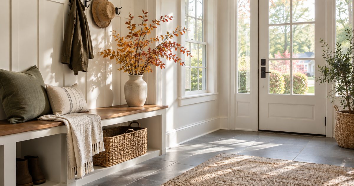 Bright mudroom bench with a woven basket and clean floor
