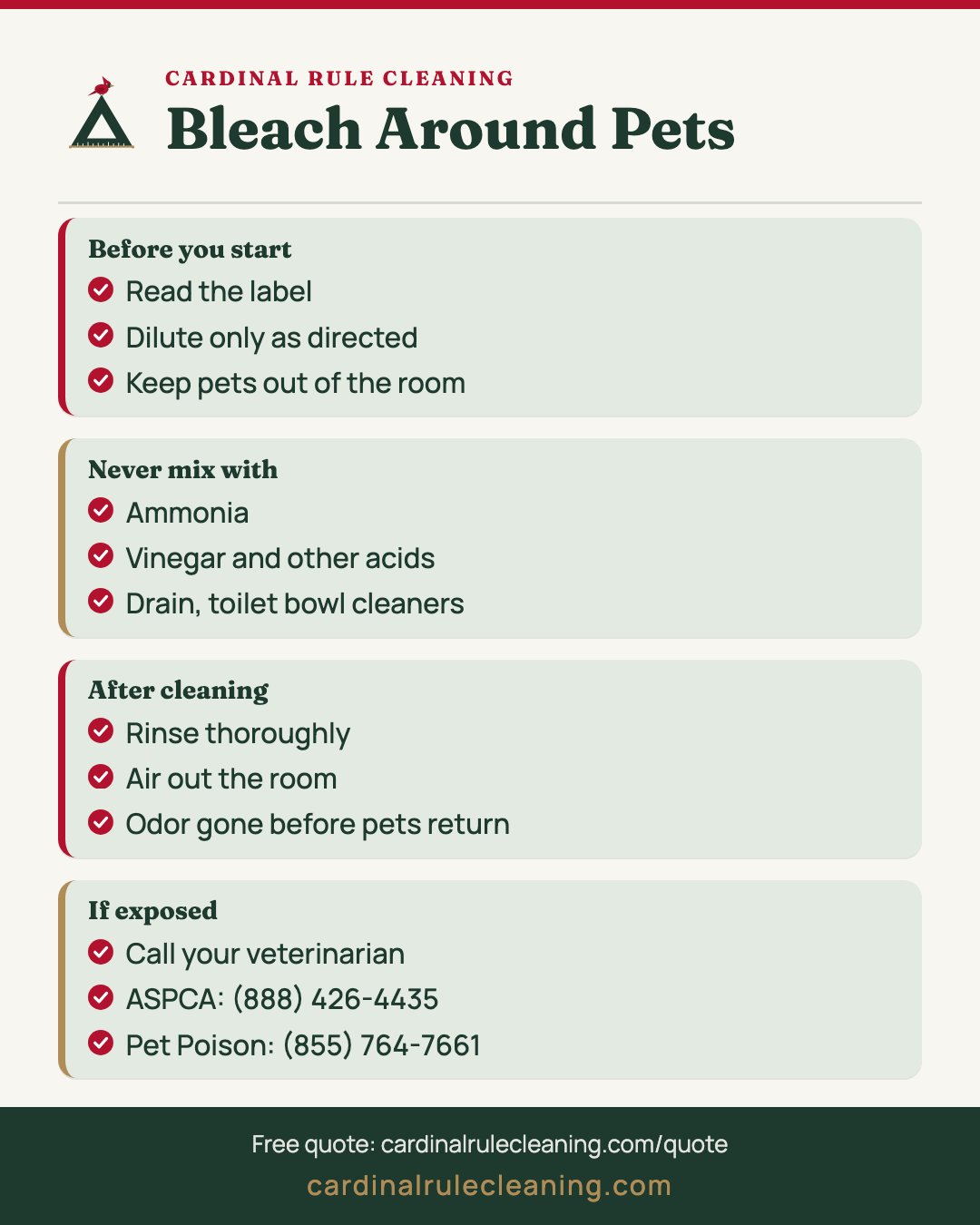 Bleach and pets infographic covering label rules, never-mix list, ventilation and who to call