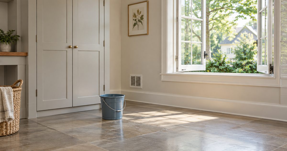 Empty rinsed utility room with an open window and dry floor