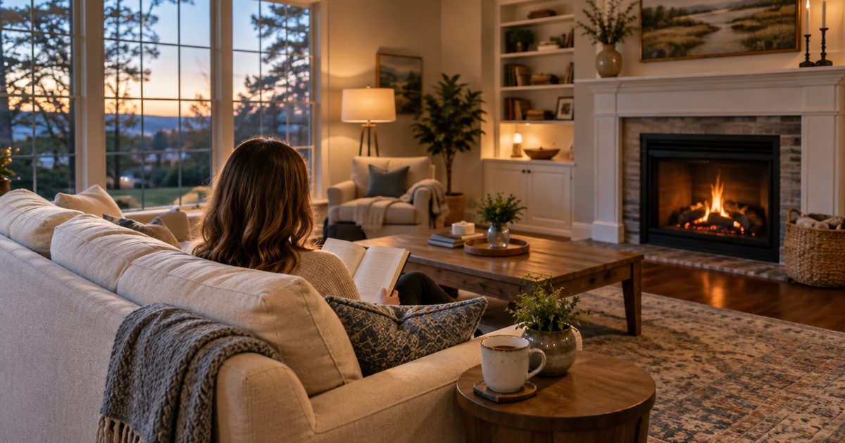 Person from behind reading on a clean sofa in a tidy family room
