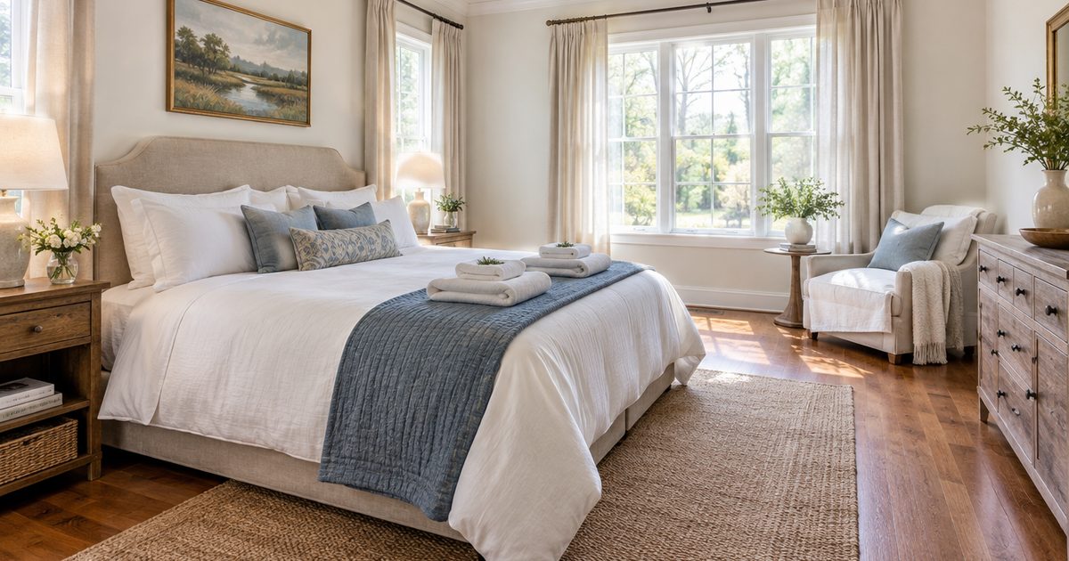 Freshly made guest bed with folded towels and linen curtains
