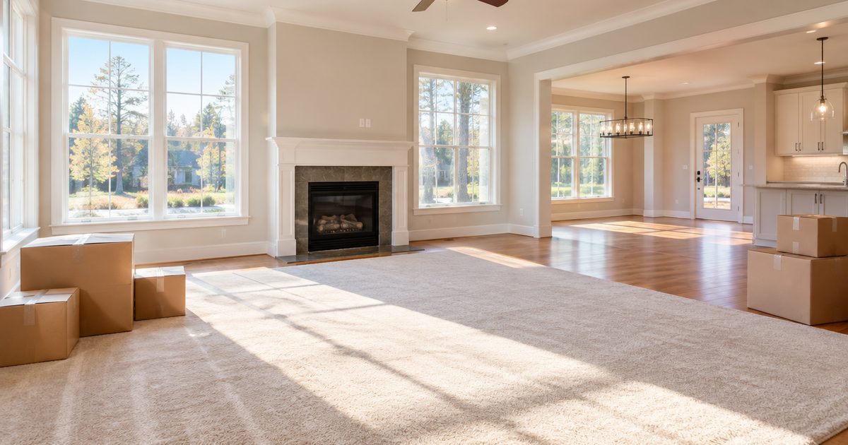 Empty bright new-home living room with a few cardboard boxes