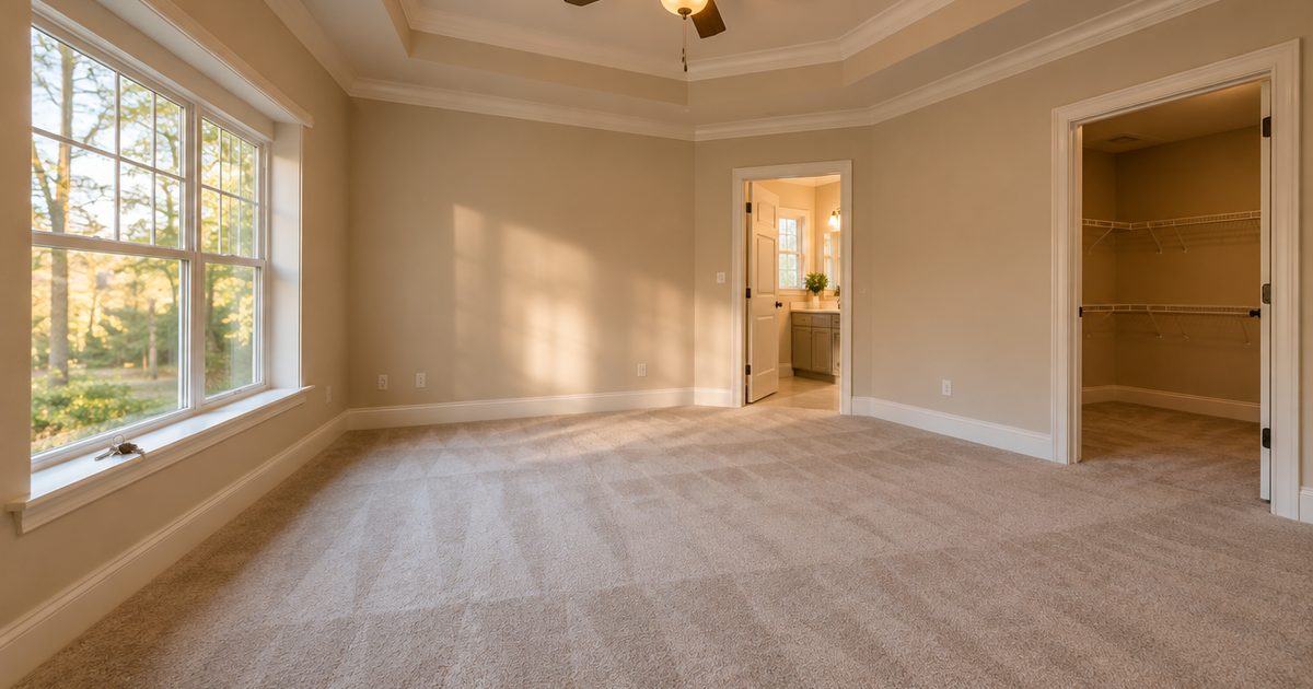 Vacant bedroom with clean carpet, empty closet and keys on a windowsill