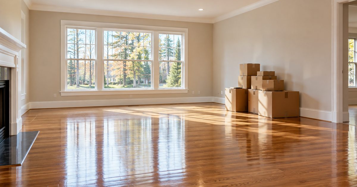 Empty living room with stacked moving boxes and clean reflective floors