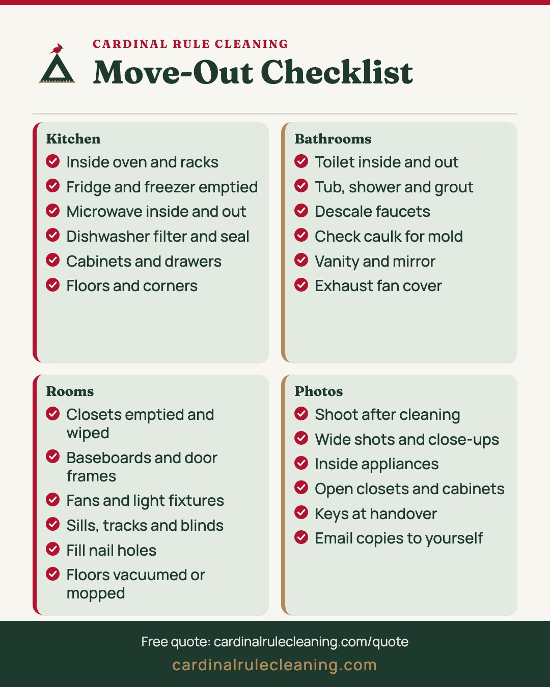Move-Out Checklist infographic covering Kitchen, Bathrooms, Rooms and Photos