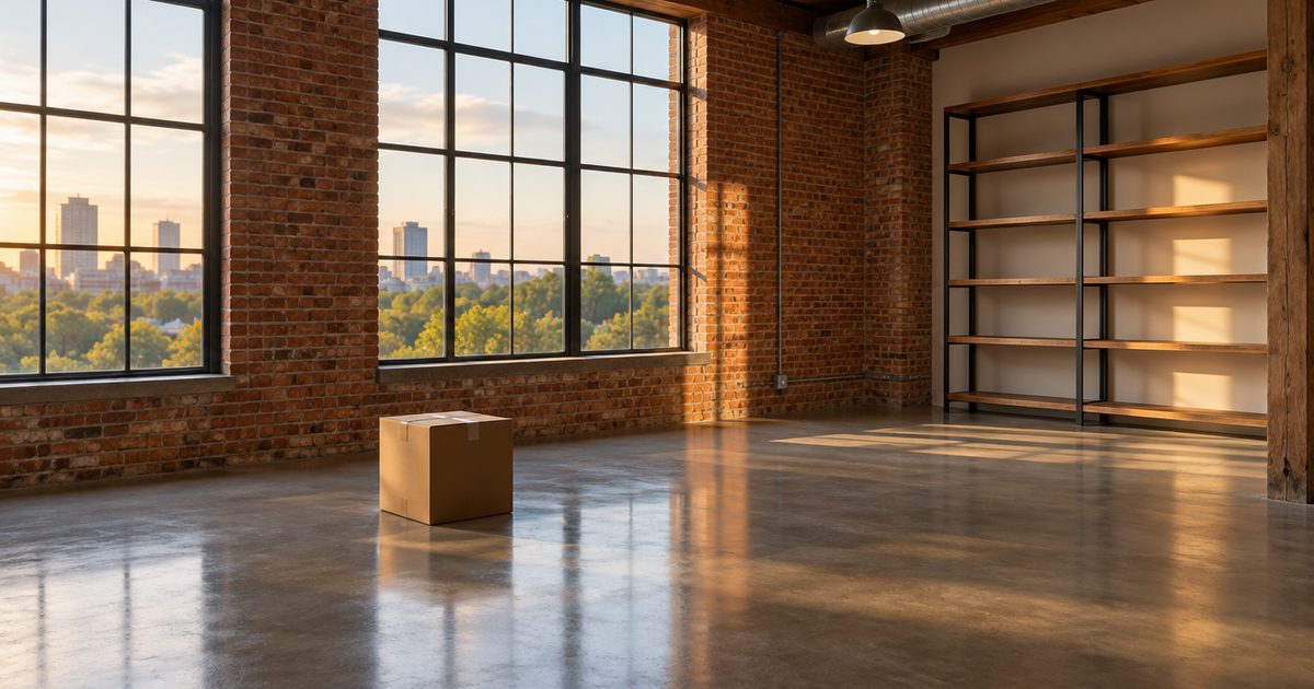 Empty brick loft with large windows, polished floor and a single box