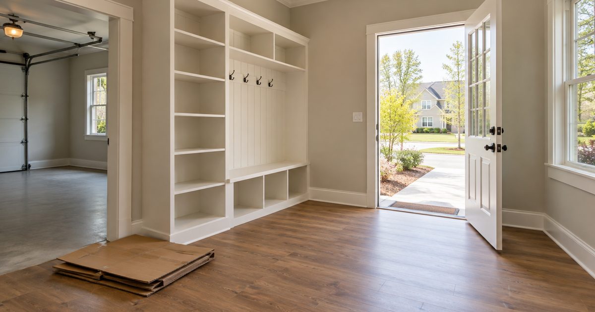 Vacant mudroom with flattened boxes and clean empty shelves