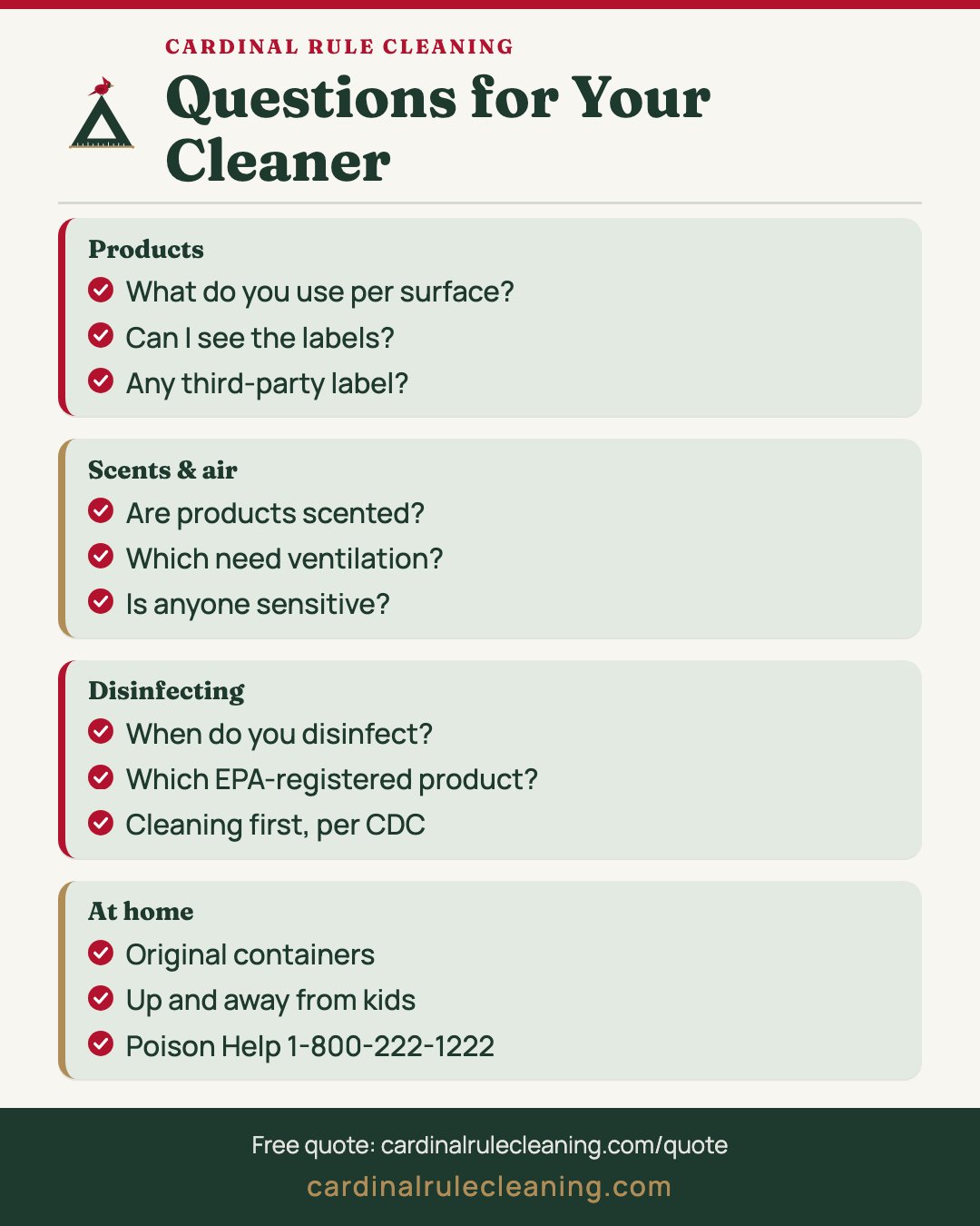 Questions to ask a non-toxic house cleaning service in Raleigh: products, labels, scents, disinfectants
