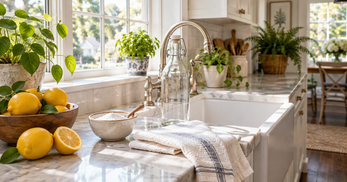 Kitchen sink with lemons, baking soda, cloths and a plain glass bottle