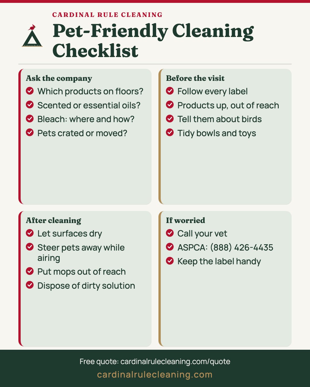 Pet-friendly cleaning checklist: ask about products, drying time, scents and birds