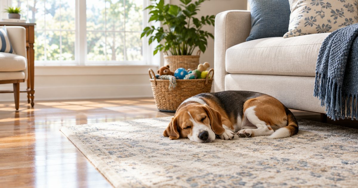 Beagle sleeping on a clean rug in a bright living room