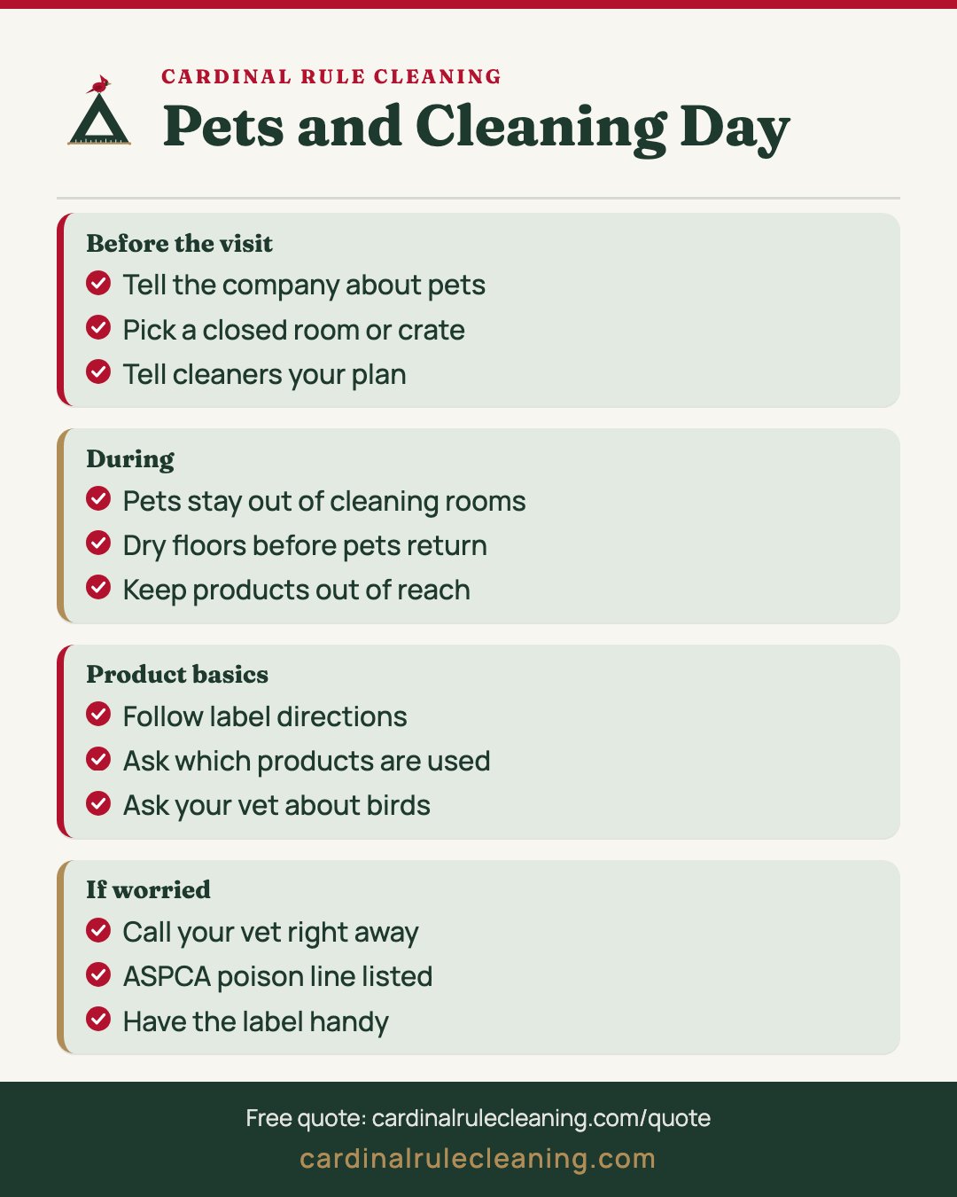 Pets and cleaners infographic: where to keep pets, wet floors, product labels, and questions to ask