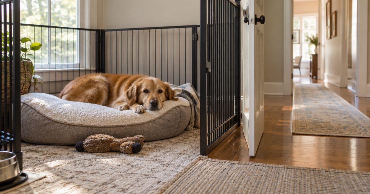 Dog resting on a comfy bed in a cozy gated room